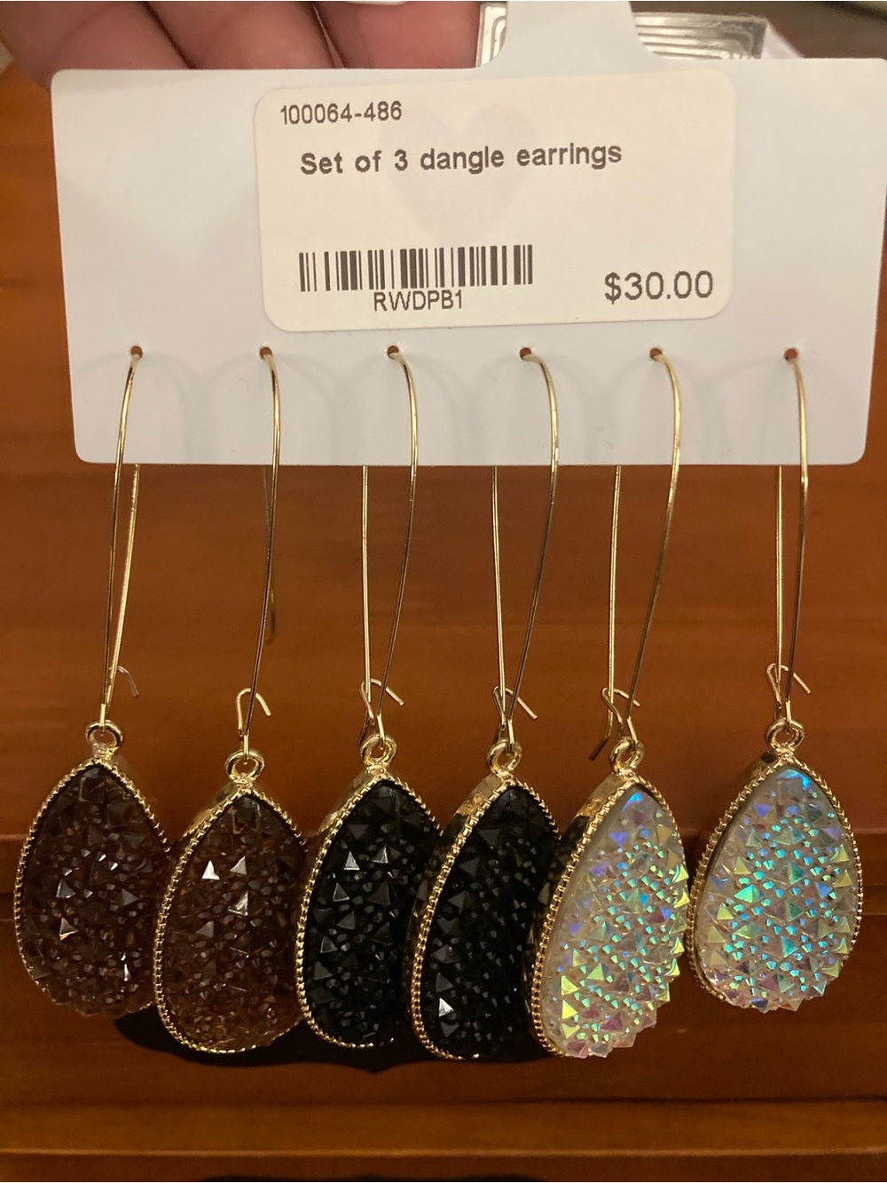 Gold Teardrop Dangle Earrings Set – Brown, Black & Iridescent